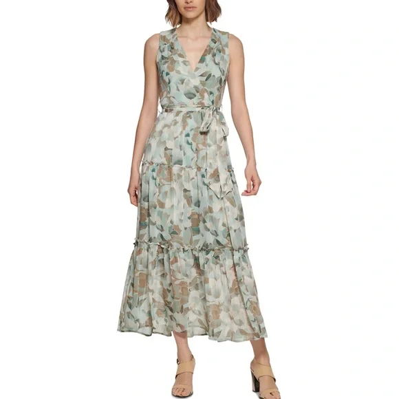 chinese dress ladies Calvin Klein Chiffon Print V-Neck Maxi Dress Indigo Cream 4 at Amazon  Women's Clothing store